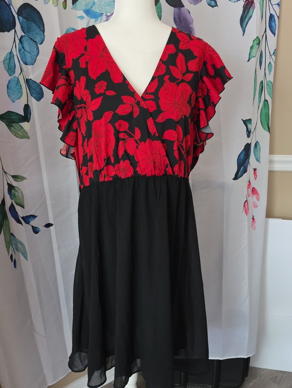 Black & Red Floral V-Neck Flutter Sleeve Dress
